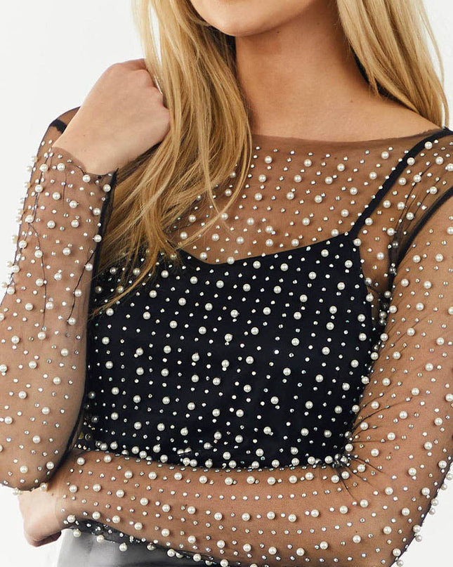 Pearl rhinestone sheer mesh see through top