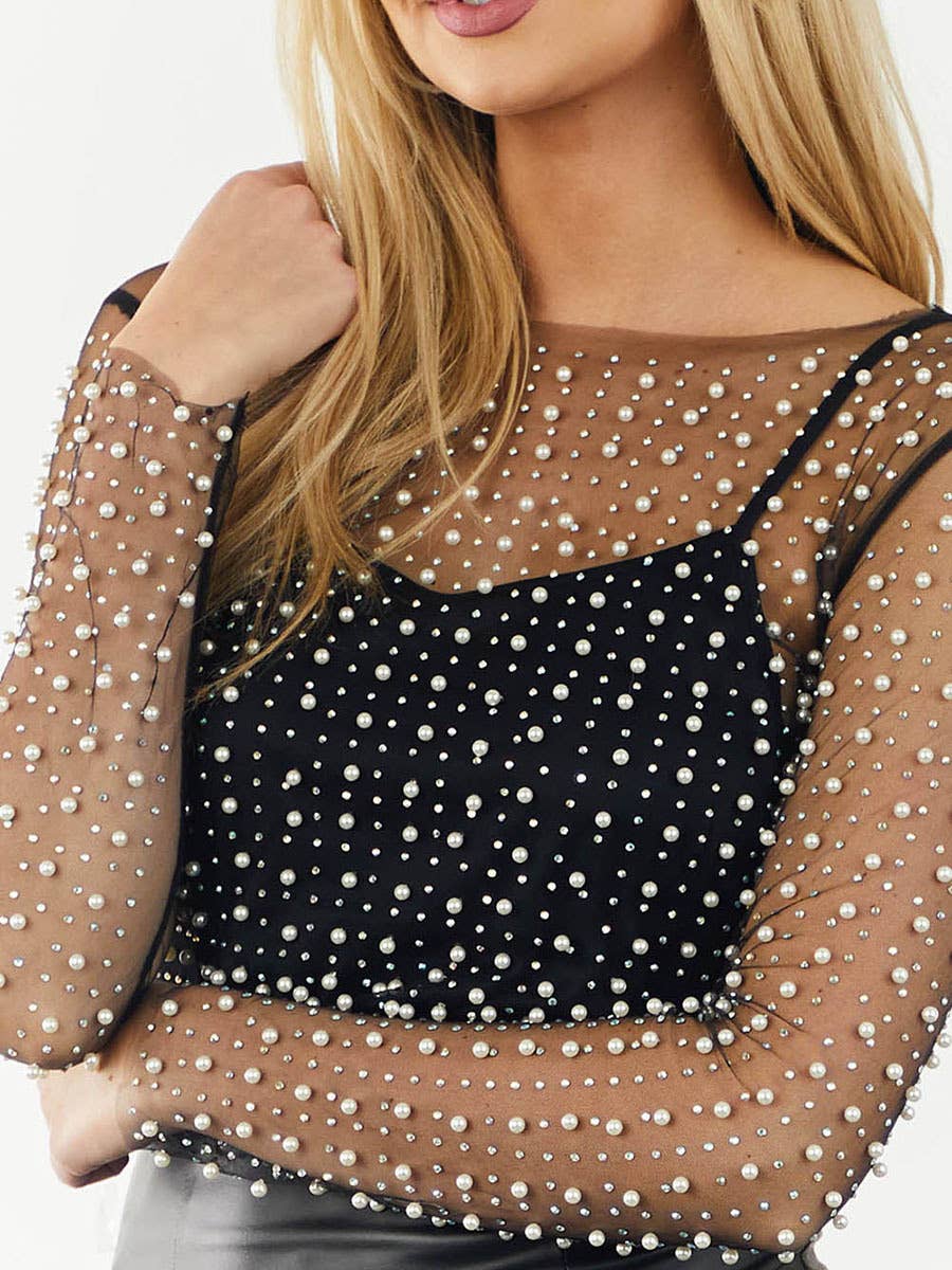 See Through Rhinestone Pearl rhinestone sheer mesh see through top – 5.21Co