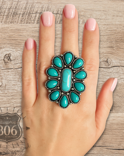 Turquoise color oval flower ring - LC
