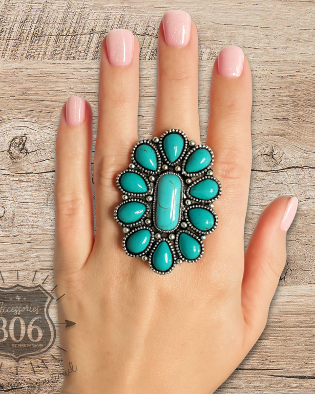 Turquoise color oval flower ring - LC