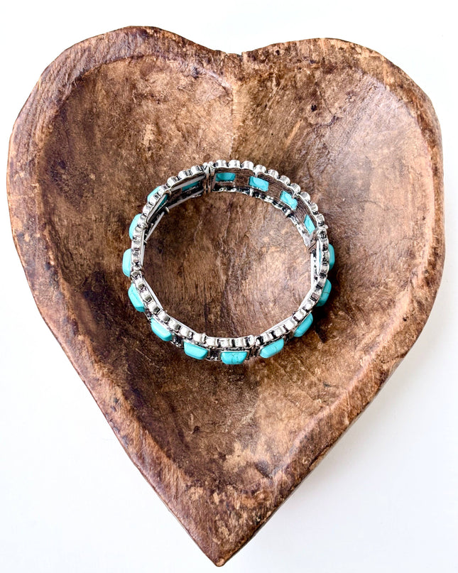 Turquoise Square Stone Studded Western Stretch Bracelet - Pink