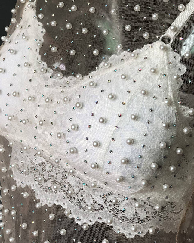 Pearl rhinestone sheer mesh see through top