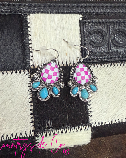 Punchy Western Pink Checkered Dangle Earrings