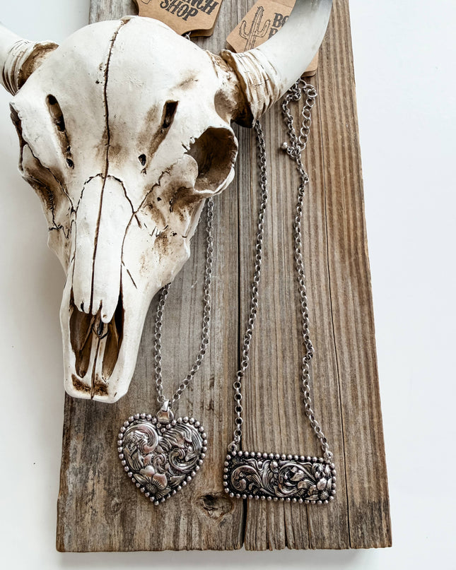 Western Style Engraved Heart | Bar Necklace