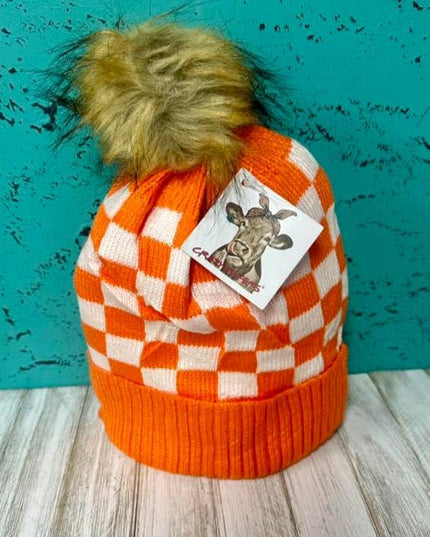 Checkered Fur Pom Beanies