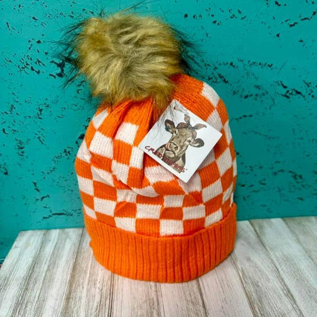 Checkered Fur Pom Beanies