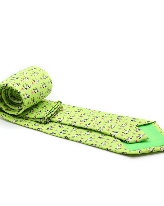 Cow Lime Green Necktie with Handkerchief Set