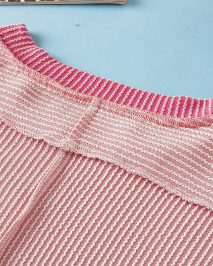 Textured Contrast Trim Round Neck T Shirt