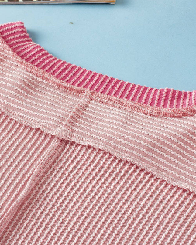 Textured Contrast Trim Round Neck T Shirt