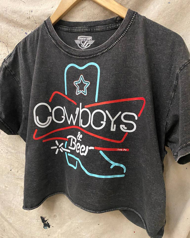 Cowboys & Beer Neon Boot Relaxed Cropped Acid wash T-shirt