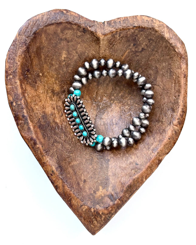 2 Layered Navajo Pearl w/ Stone Western Bar Stretch Bracelet