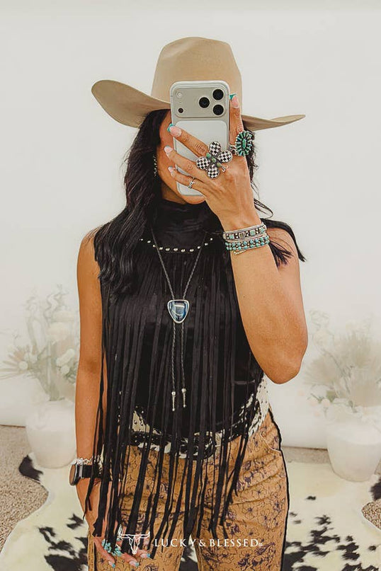 Black Stretch Suede Studded Fringe Yoke Top