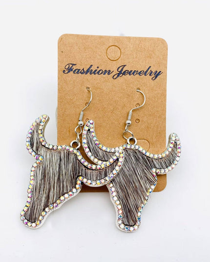 Western Style Cowboy Rhinestone Cowhide Cowhead Earrings -WJ