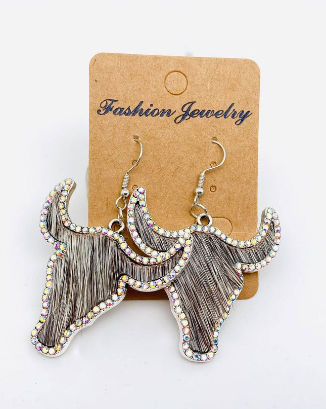 Western Style Cowboy Rhinestone Cowhide Cowhead Earrings -WJ