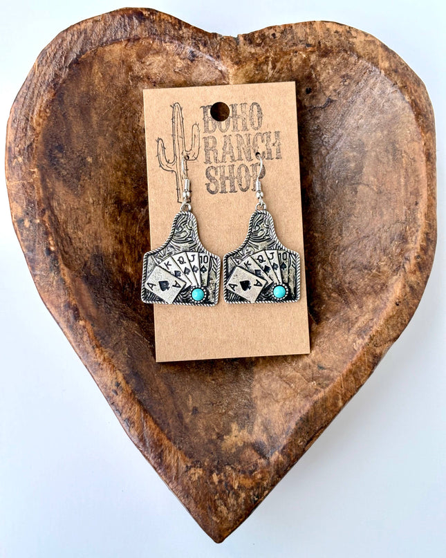 Western Playing Card with Stone Drop Dangle Earrings