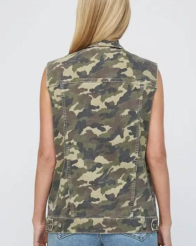 Camo Utility Cargo Denim Vest with Button Front Pockets