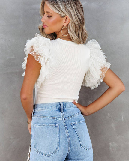 White Polka Dot Mesh Ruffle Sleeve Ribbed Knit Top