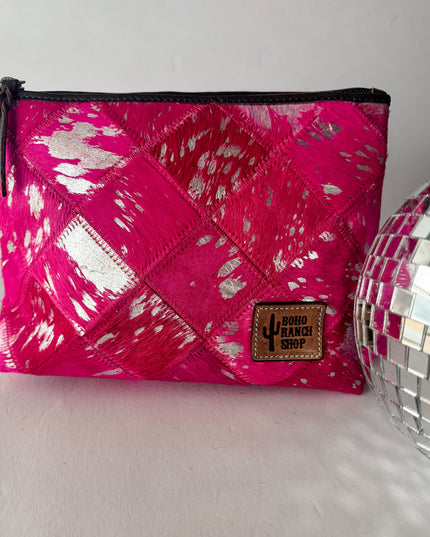 Checkered Western Cowhide Makeup Bag Travel