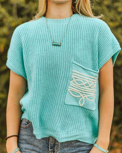 Mint Knit Sweater Boot-stitch Pocket Edge Thread Top