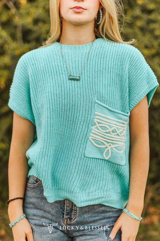 Mint Knit Sweater Boot-stitch Pocket Edge Thread Top