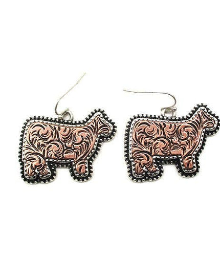 Western Etched Cow Dangle Earrings