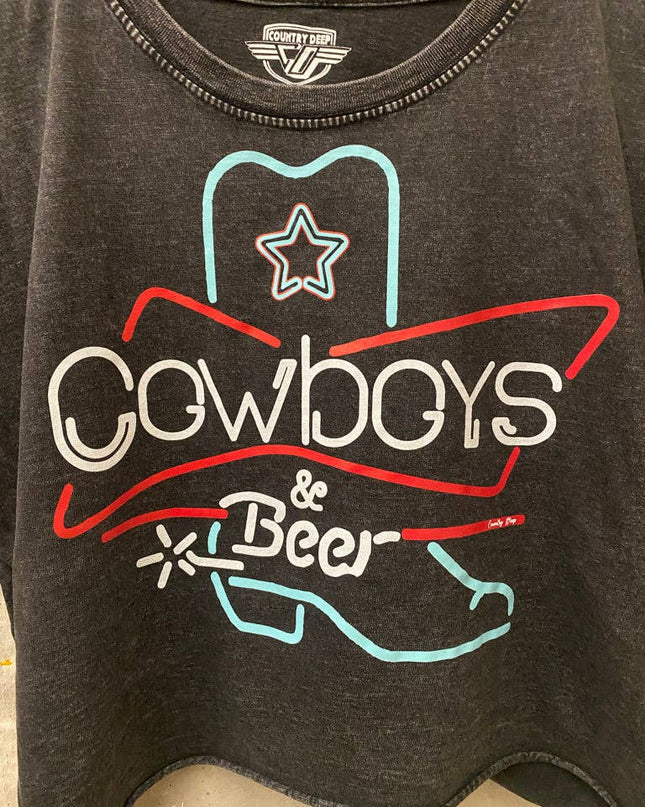 Cowboys & Beer Neon Boot Relaxed Cropped Acid wash T-shirt