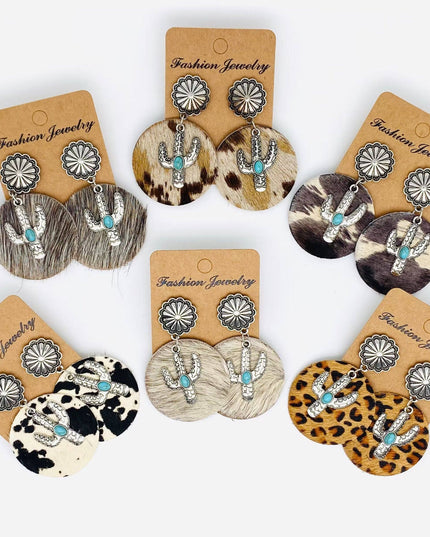Western Style Cactus Animal Skin Double Charm Earrings - WJ
