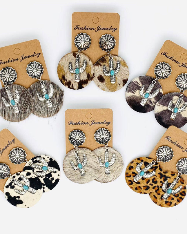 Western Style Cactus Animal Skin Double Charm Earrings - WJ