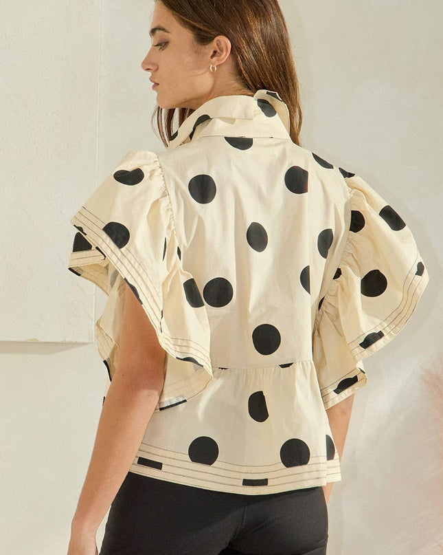 IT2337 Ruffle Sleeves Pintuck Detail Polka Dot Print top