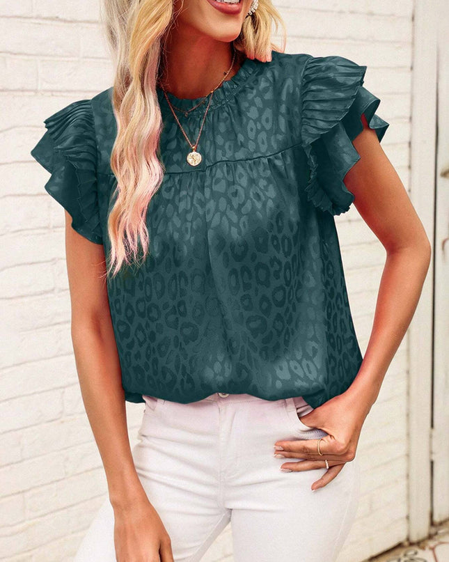 Printed Lotus Leaf Sleeve Wave Neck Women's Top