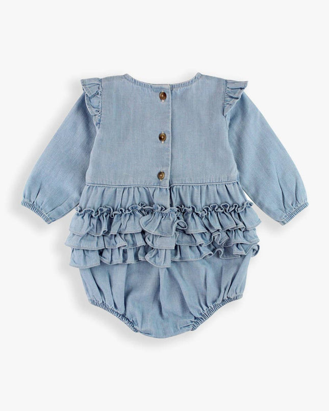 Baby Girls Light Wash Denim Long Sleeve Flutter Bubble Romper