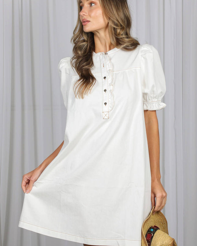 Ruffled Button Placket Accent 100%Cotton Knee Dress VD60753A