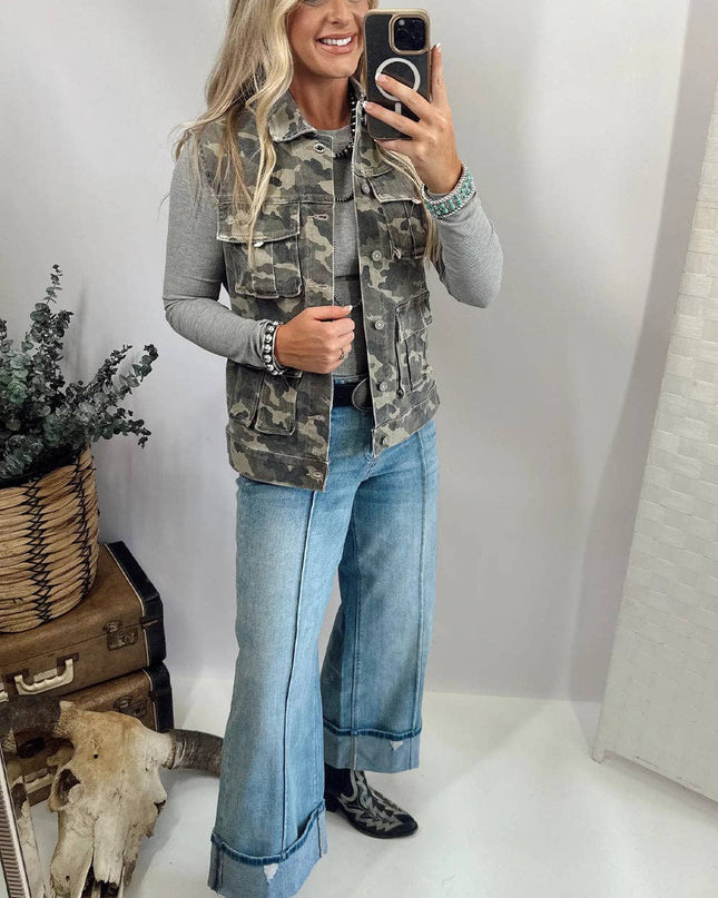 Camo Utility Cargo Denim Vest with Button Front Pockets