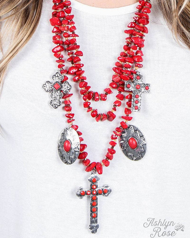 Tri-Strand Red Beaded Necklace with Silver & Copper Crosses