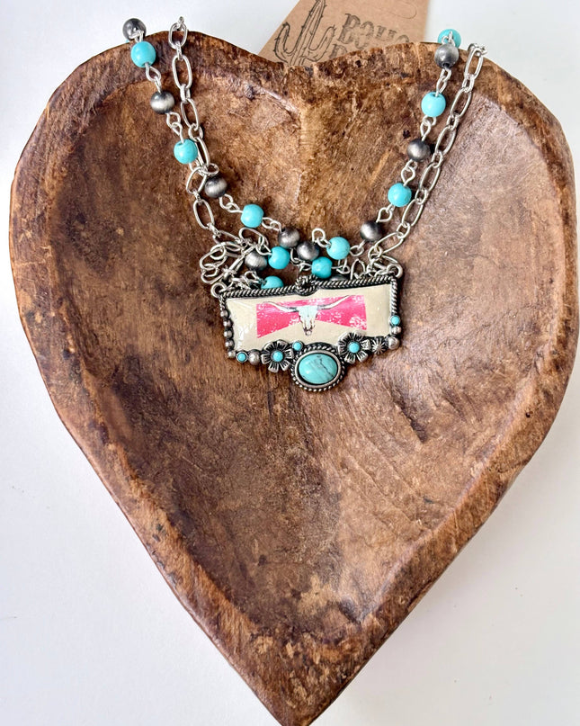 2 Layer Turquoise Stone, Navajo Pearl Pendant Necklace