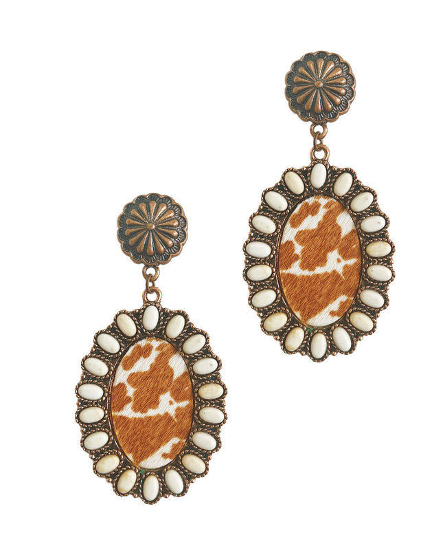 Cowhide Drop Earrings with Cream Stones