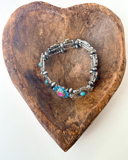 Western Style Turquoise Stone Rhinestone Stretch Bracelet