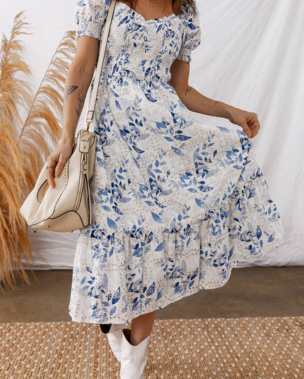 Sky Blue Smocked Bodice Short Puff Sleeve Tiered Floral Midi Dress