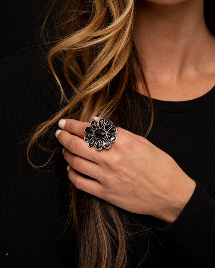 Adjustable Black Flower Cluster Ring