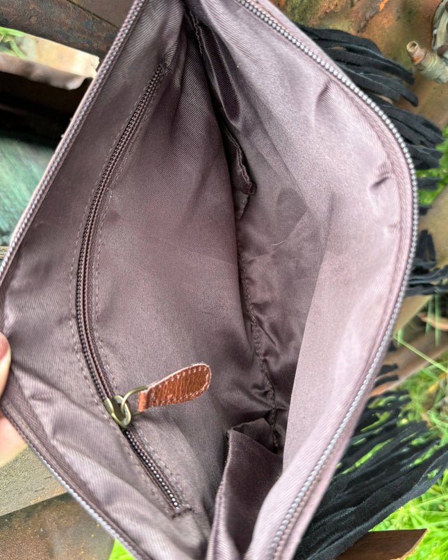 Genuine Western Cowhide Leather Purse and Wallet with jagged painted details and black fringe.