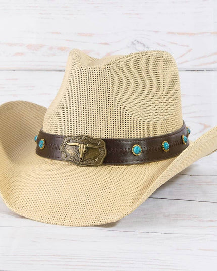 Western Longhorn Strap Turquoise Accent Cowboy Hat