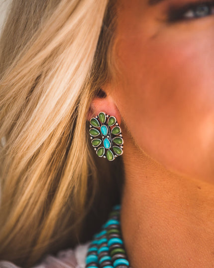 1.25" Turquoise and Green Oval Cluster Post Earring
