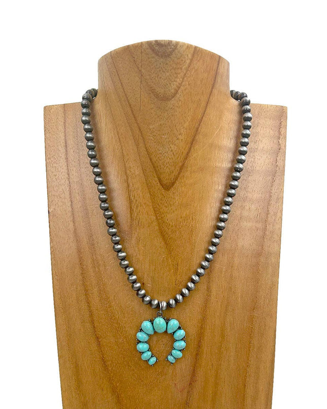 NKY241010-02-BLUE                16'' Silver Navajo pearl Beads with blue turquoise stone squash blassom pendant Necklace