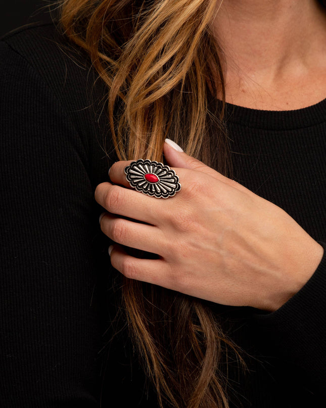 Adjustable Oval Concho Ring with Red Accent..