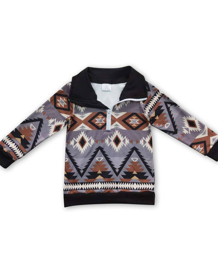 Long sleeves kids boys zipper aztec western pullover