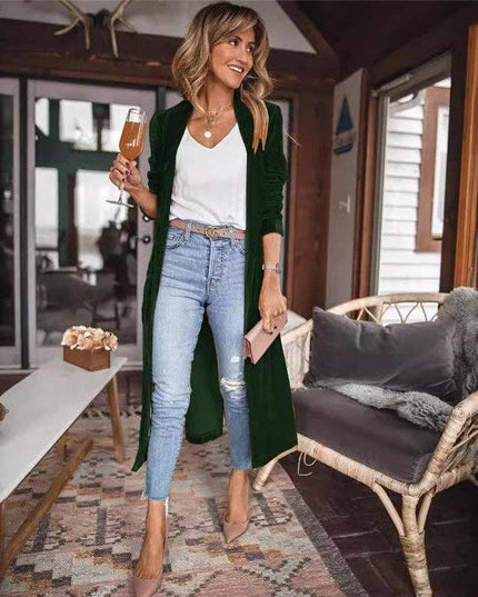 Loose Velvet Long Cardigan Coat With Elasticity