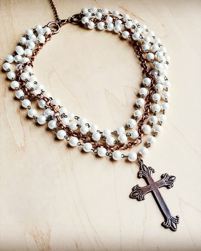 Pearl and Copper Beaded Collar Necklace with Copper Cross