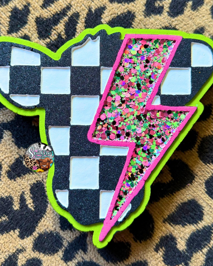 Checkered Lightning Bolt Cow Car Freshie     