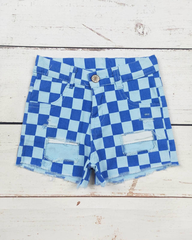 Girls Blue Checkered Denim Shorts
