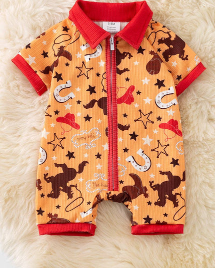 Yellow western printed boys baby romper with zipper. RPB50495 SOL